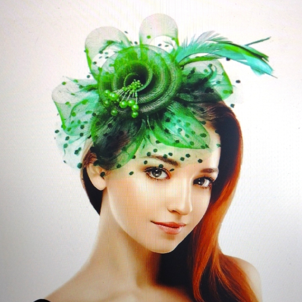 Boho Style Fascinator W/Ribbons And Feathers Green or Blk Beading From Flower